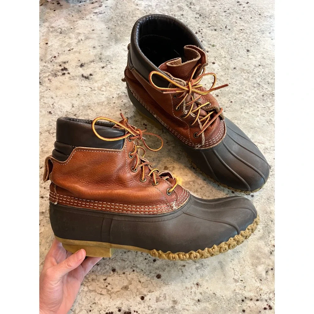 LL Bean Mens Bean Boots 8 In Duck Boots Brown Tan Leather Waterproof Made in USA